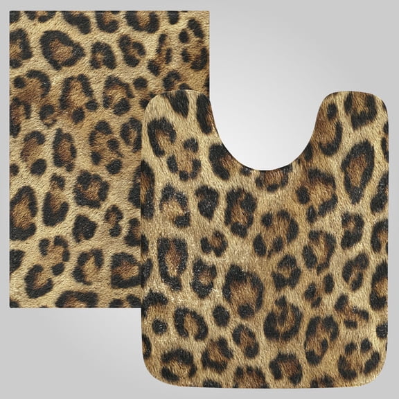 RMDQTR 2PCs Bathroom Rugs Set Plush Toilet Base Mat 16" × 24" Bath Mat and 20" × 24" U Shape Soft Rugs Non Slip Absorbent Natural Leopard Print