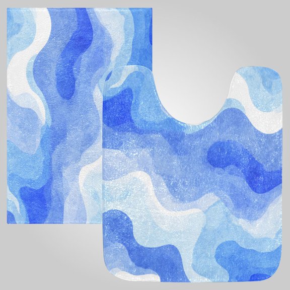 RMDQTR 2PCs Bathroom Rugs Set Plush Toilet Base Mat 16" × 24" Bath Mat and 20" × 24" U Shape Soft Rugs Non Slip Absorbent Ocean Wave Texture Print