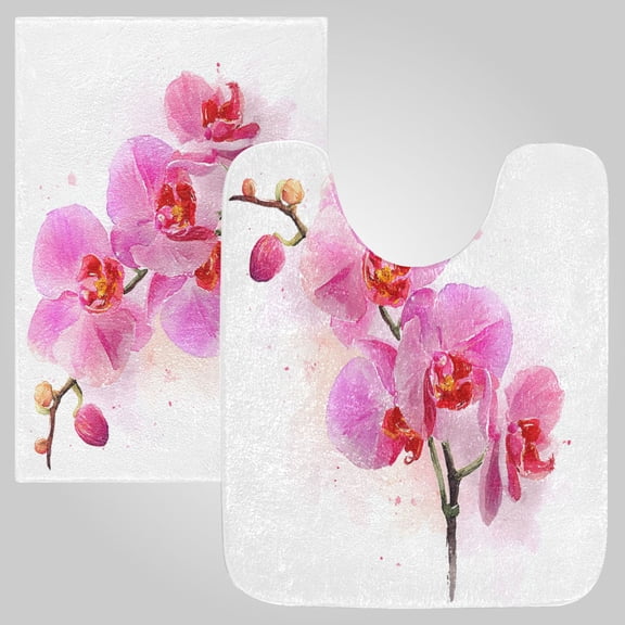 RMDQTR 2PCs Bathroom Rugs Set Plush Toilet Base Mat 16" × 24" Bath Mat and 20" × 24" U Shape Soft Rugs Non Slip Absorbent Pink Orchid Bloom