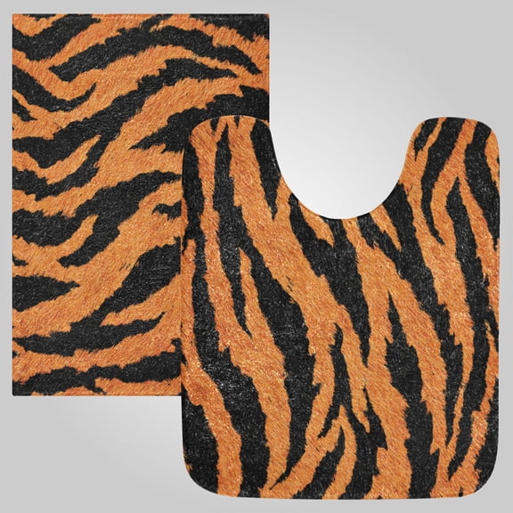 RMDQTR 2PCs Bathroom Rugs Set Plush Toilet Base Mat 16" × 24" Bath Mat and 20" × 24" U Shape Soft Rugs Non Slip Absorbent Plush Tiger Stripe Pattern