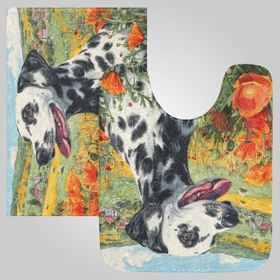 RMDQTR 2PCs Bathroom Rugs Set Plush Toilet Base Mat 16" × 24" Bath Mat and 20" × 24" U Shape Soft Rugs Non Slip Absorbent Poppy Field Dalmatian