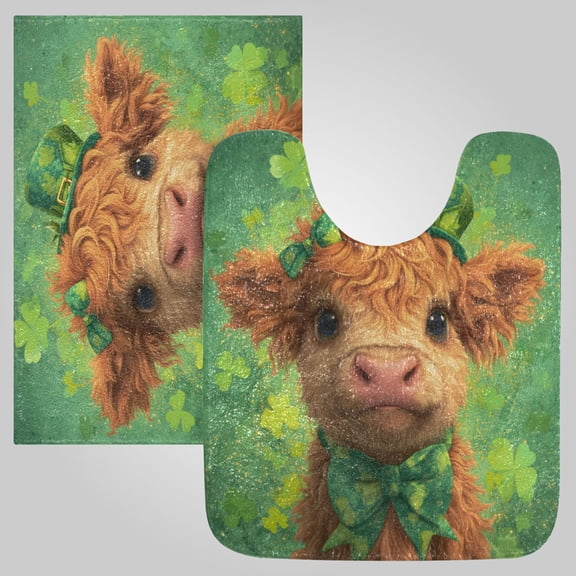 RMDQTR 2PCs Bathroom Rugs Set Plush Toilet Base Mat 16" × 24" Bath Mat and 20" × 24" U Shape Soft Rugs Non Slip Absorbent Shamrock Highland Cow