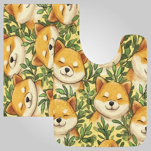 RMDQTR 2PCs Bathroom Rugs Set Plush Toilet Base Mat 16" × 24" Bath Mat and 20" × 24" U Shape Soft Rugs Non Slip Absorbent Sleepy Shiba Buddies