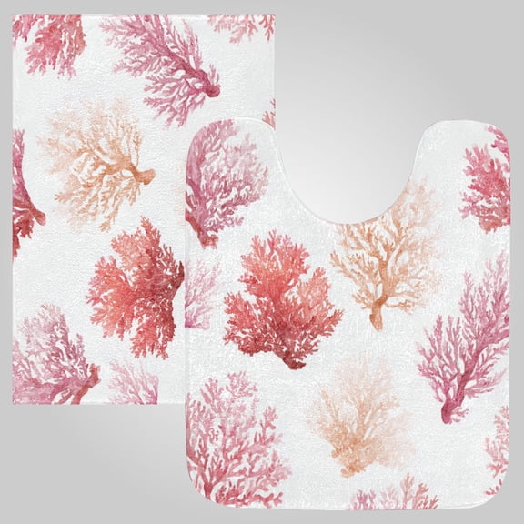 RMDQTR 2PCs Bathroom Rugs Set Plush Toilet Base Mat 16" × 24" Bath Mat and 20" × 24" U Shape Soft Rugs Non Slip Absorbent Soft Coral Reef Art