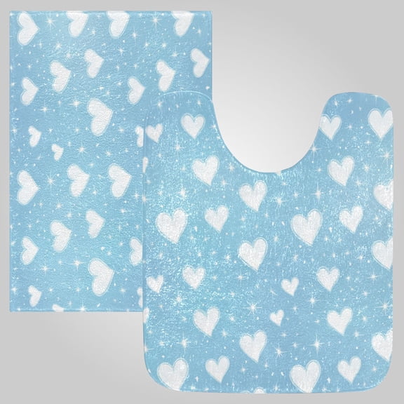 RMDQTR 2PCs Bathroom Rugs Set Plush Toilet Base Mat 16" × 24" Bath Mat and 20" × 24" U Shape Soft Rugs Non Slip Absorbent Soft Heart Line Art on Blue