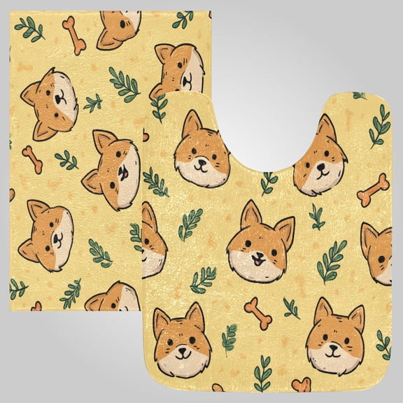 RMDQTR 2PCs Bathroom Rugs Set Plush Toilet Base Mat 16" × 24" Bath Mat and 20" × 24" U Shape Soft Rugs Non Slip Absorbent Sunny Shiba Buddies
