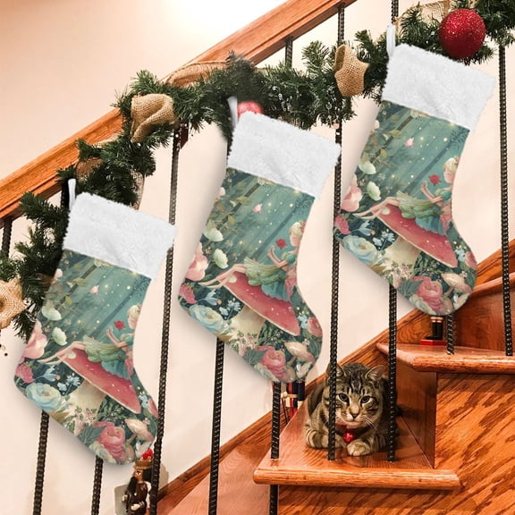 RMDQTR 2Pack Christmas Stockings for Xmas Gifts - Large Size Festive Holiday Decor for Family Mushroom Fairy Tale