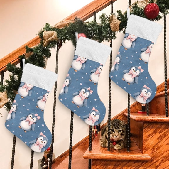 RMDQTR 2Pack Christmas Stockings for Xmas Gifts - Large Size Festive Holiday Decor for Family Starry Penguin Bows