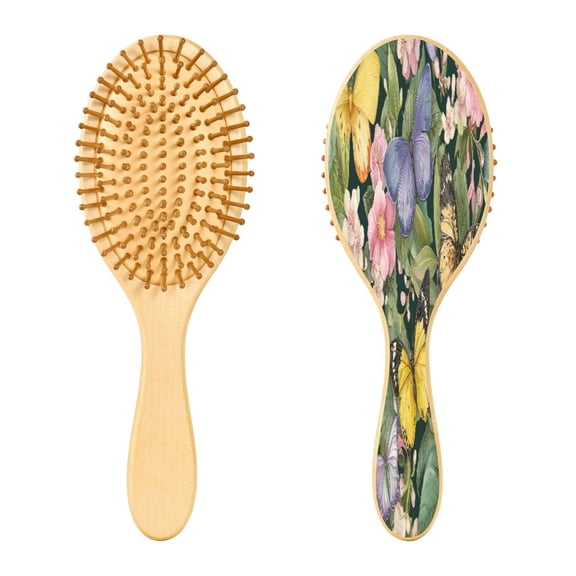 RMDQTR 9.25X3.15Round Wooden Rubber Hair Brushes Massage Comb Suitable for all Hair Types Smooth-gliding Comb Blooming Flowers