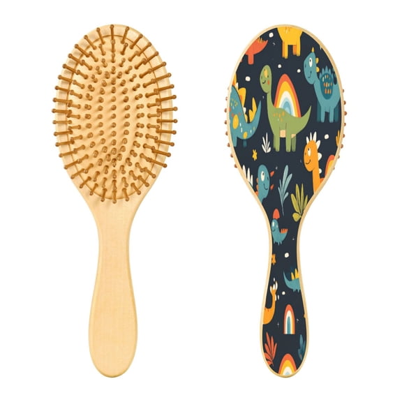 RMDQTR 9.25X3.15Round Wooden Rubber Hair Brushes Massage Comb Suitable for all Hair Types Smooth-gliding Comb Cartoon Dinasour Patterns