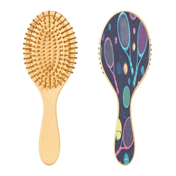 RMDQTR 9.25X3.15Round Wooden Rubber Hair Brushes Massage Comb Suitable for all Hair Types Smooth-gliding Comb Cartoon Tennis Rackets