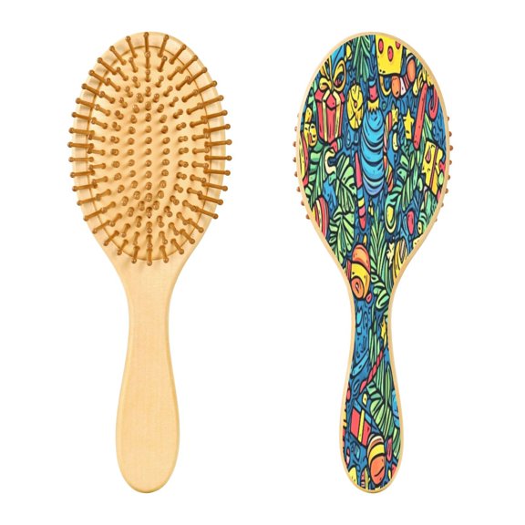 RMDQTR 9.25X3.15”Round Wooden Rubber Hair Brushes Massage Comb Suitable for all Hair Types Smooth-gliding Comb Colorful Hand Drawn Xmas Pattern