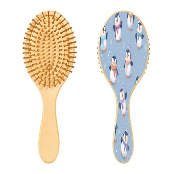 RMDQTR 9.25X3.15Round Wooden Rubber Hair Brushes Massage Comb Suitable for all Hair Types Smooth-gliding Comb Cute Cartoon Penguins