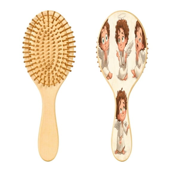 RMDQTR 9.25X3.15”Round Wooden Rubber Hair Brushes Massage Comb Suitable for all Hair Types Smooth-gliding Comb Cute Little Angels Clip Art