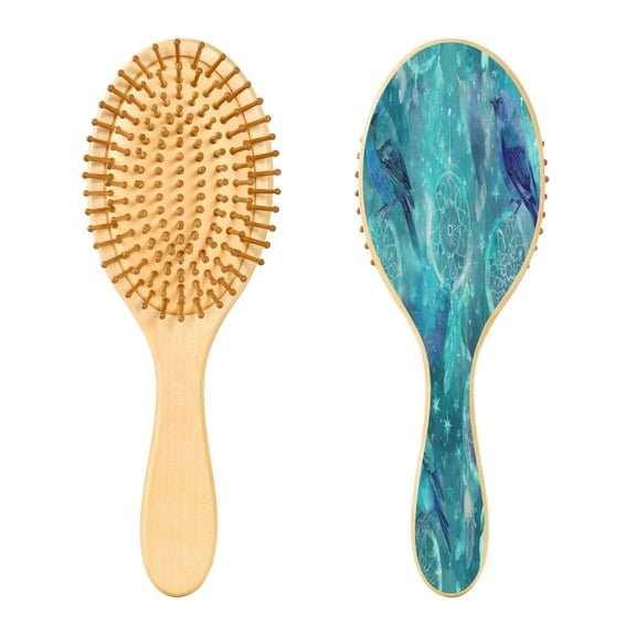 RMDQTR 9.25X3.15Round Wooden Rubber Hair Brushes Massage Comb Suitable for all Hair Types Smooth-gliding Comb Dreamcatchers and Birds