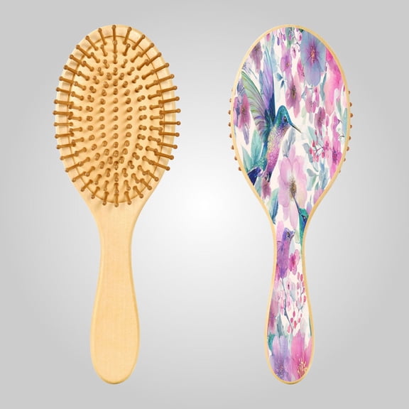 RMDQTR 9.25X3.15Round Wooden Rubber Hair Brushes Massage Comb Suitable for all Hair Types Smooth-gliding Comb Hummingbird Garden Pattern