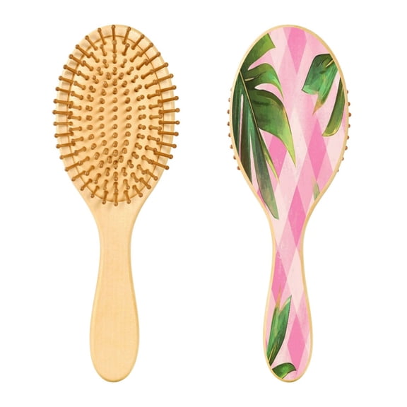 RMDQTR 9.25X3.15”Round Wooden Rubber Hair Brushes Massage Comb Suitable for all Hair Types Smooth-gliding Comb Palm Leaves on A Pink Background