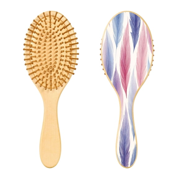 RMDQTR 9.25X3.15Round Wooden Rubber Hair Brushes Massage Comb Suitable for all Hair Types Smooth-gliding Comb Pink Feather Pattern