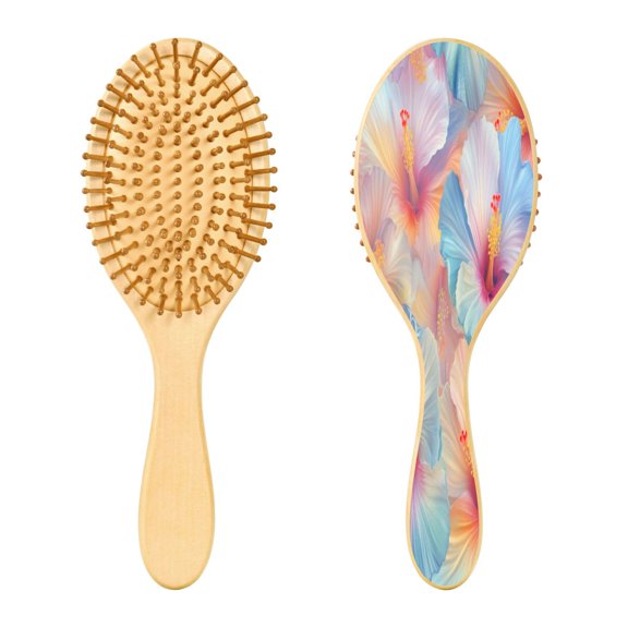 RMDQTR 9.25X3.15”Round Wooden Rubber Hair Brushes Massage Comb Suitable for all Hair Types Smooth-gliding Comb Technological Flower Painting