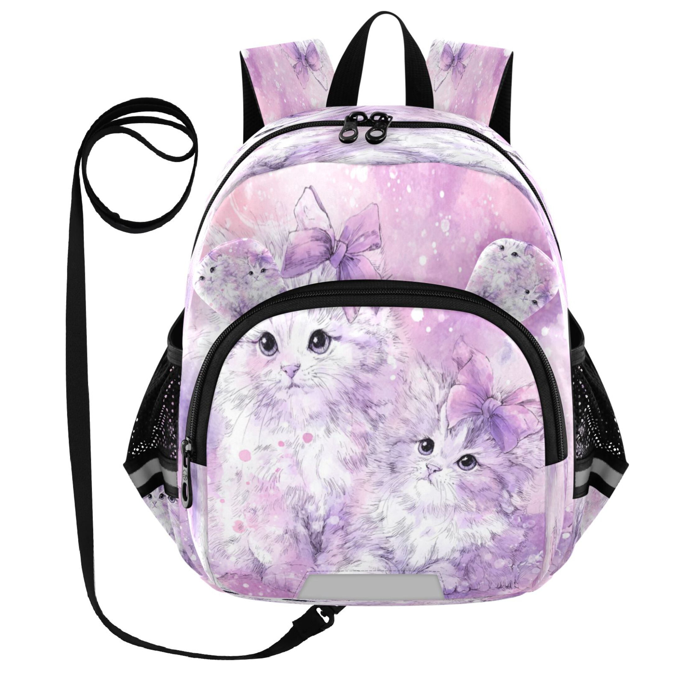 RMDQTR Adorable Ear-Print Backpack with Reflective Strip and Anti-Lost Leash Adjustable Shoulder Straps Mini Travel Backpack Adorable Long-haired Kittens with Bows