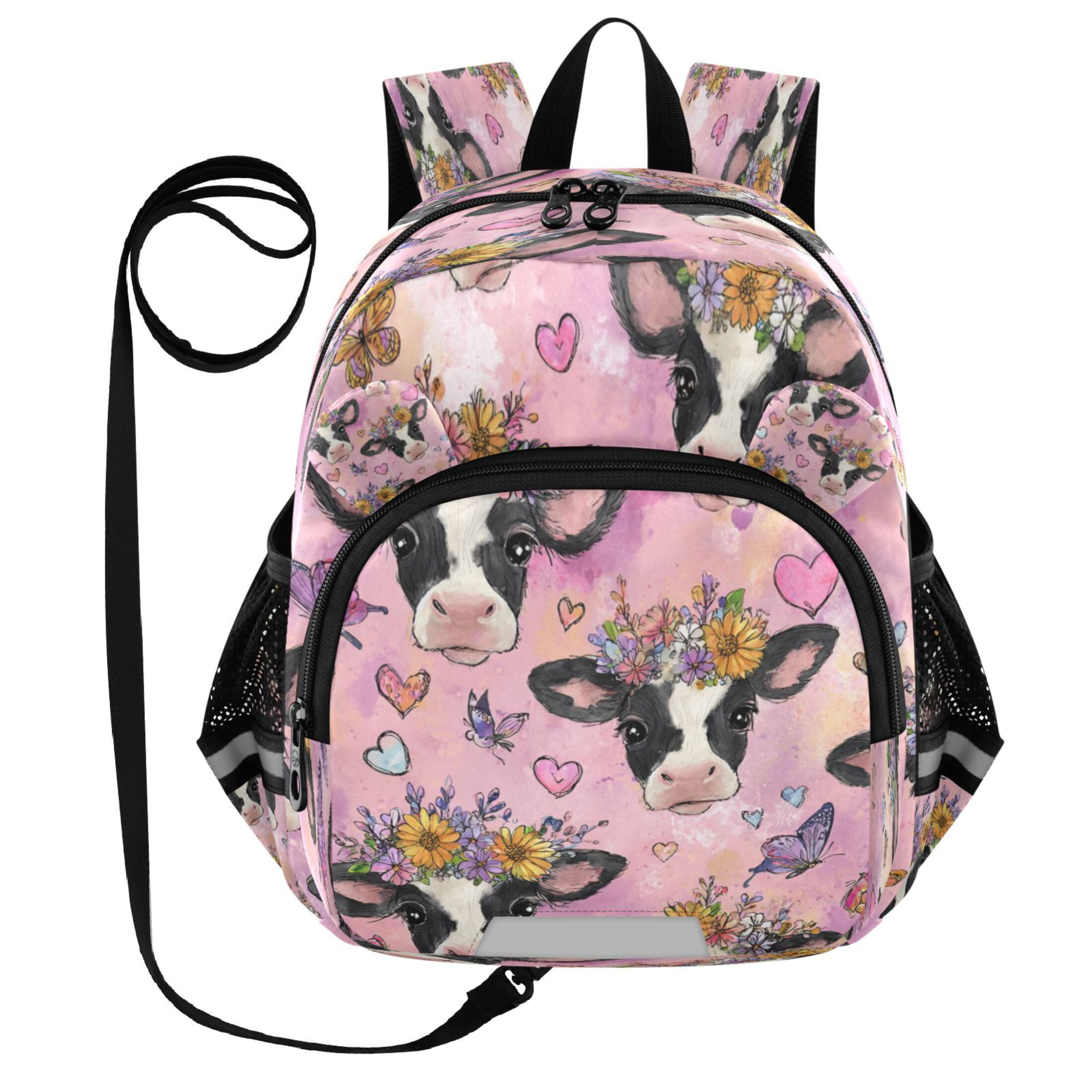 RMDQTR Adorable Ear-Print Backpack with Reflective Strip and Anti-Lost Leash Adjustable Shoulder Straps Mini Travel Backpack Beautiful Cows with Flowers