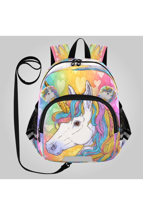 Adorable Ear-Print Backpack with Reflective Strip and Anti-Lost Leash Adjustable Shoulder Straps Mini Travel Backpack Beautiful Unicorn with A Rainbow