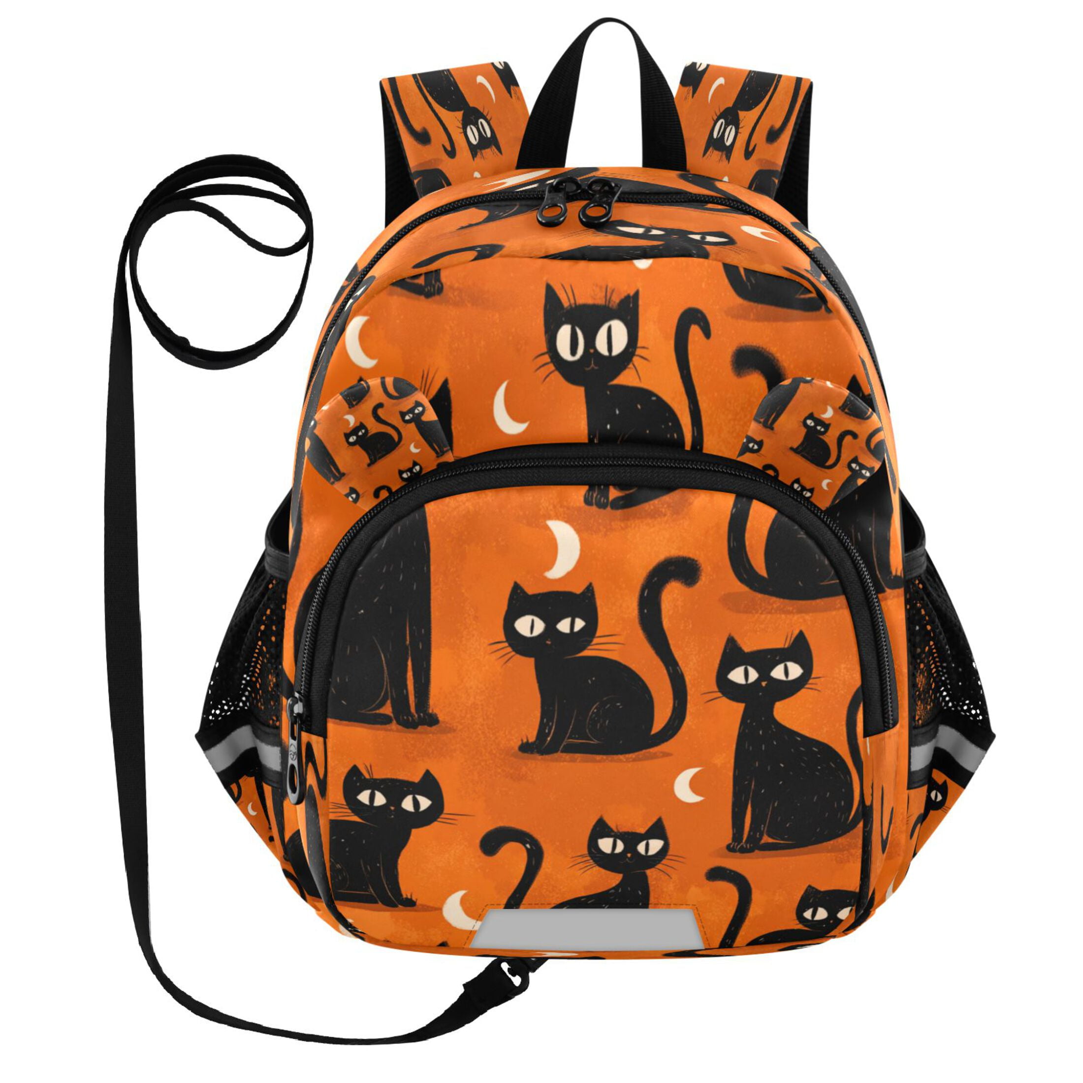 RMDQTR Adorable Ear-Print Backpack with Reflective Strip and Anti-Lost Leash Adjustable Shoulder Straps Mini Travel Backpack Black Cat with Moon Design