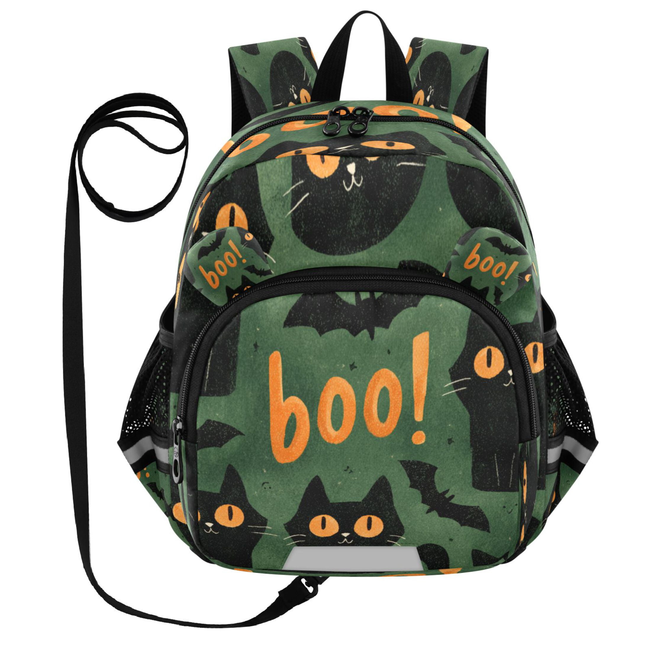 RMDQTR Adorable Ear-Print Backpack with Reflective Strip and Anti-Lost Leash Adjustable Shoulder Straps Mini Travel Backpack Black Cats with Orange Eyes