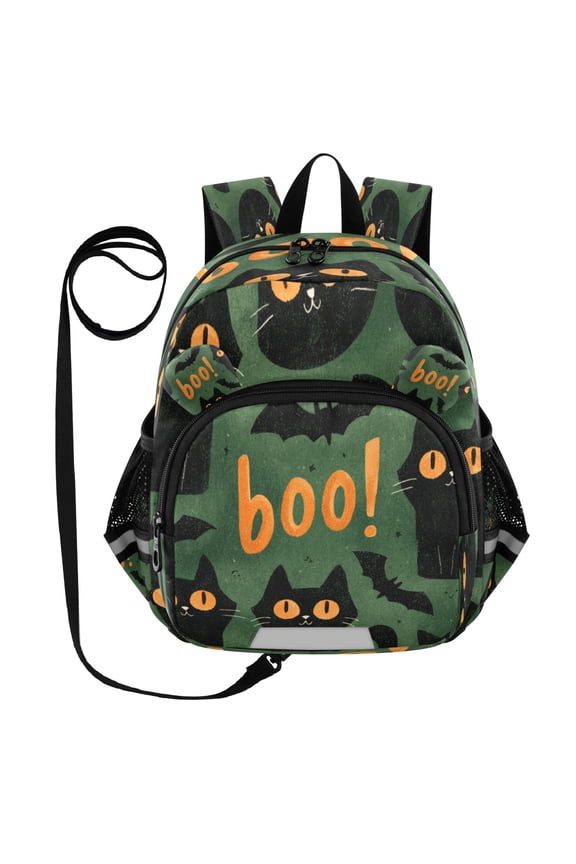 Adorable Ear-Print Backpack with Reflective Strip and Anti-Lost Leash Adjustable Shoulder Straps Mini Travel Backpack Black Cats with Orange Eyes