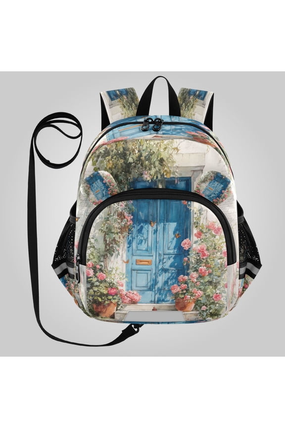 Adorable Ear-Print Backpack with Reflective Strip and Anti-Lost Leash Adjustable Shoulder Straps Mini Travel Backpack Blue Door with Pink Roses