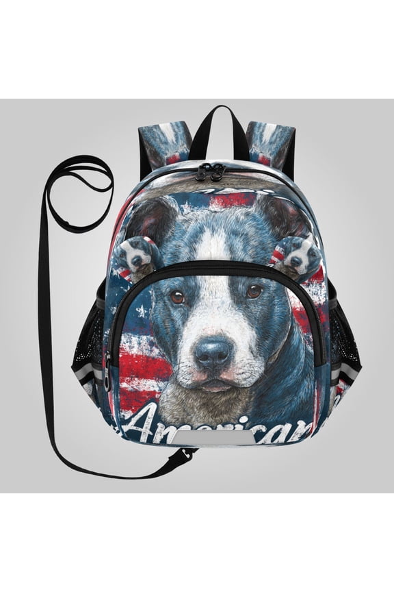 Adorable Ear-Print Backpack with Reflective Strip and Anti-Lost Leash Adjustable Shoulder Straps Mini Travel Backpack Bold Patriotic Pit Bull Print