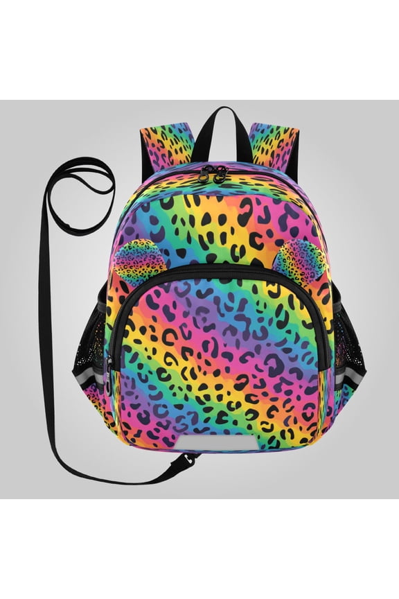 Adorable Ear-Print Backpack with Reflective Strip and Anti-Lost Leash Adjustable Shoulder Straps Mini Travel Backpack Bright Rainbow Stripe Cheetah Print