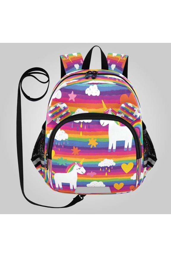 Adorable Ear-Print Backpack with Reflective Strip and Anti-Lost Leash Adjustable Shoulder Straps Mini Travel Backpack Bright Rainbow Unicorn Seamless