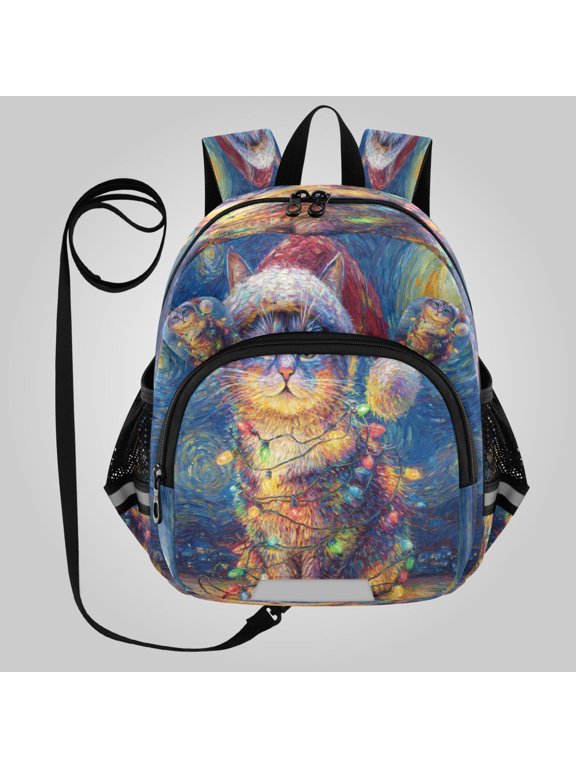 Adorable Ear-Print Backpack with Reflective Strip and Anti-Lost Leash Adjustable Shoulder Straps Mini Travel Backpack A Cat with Colorful Lights