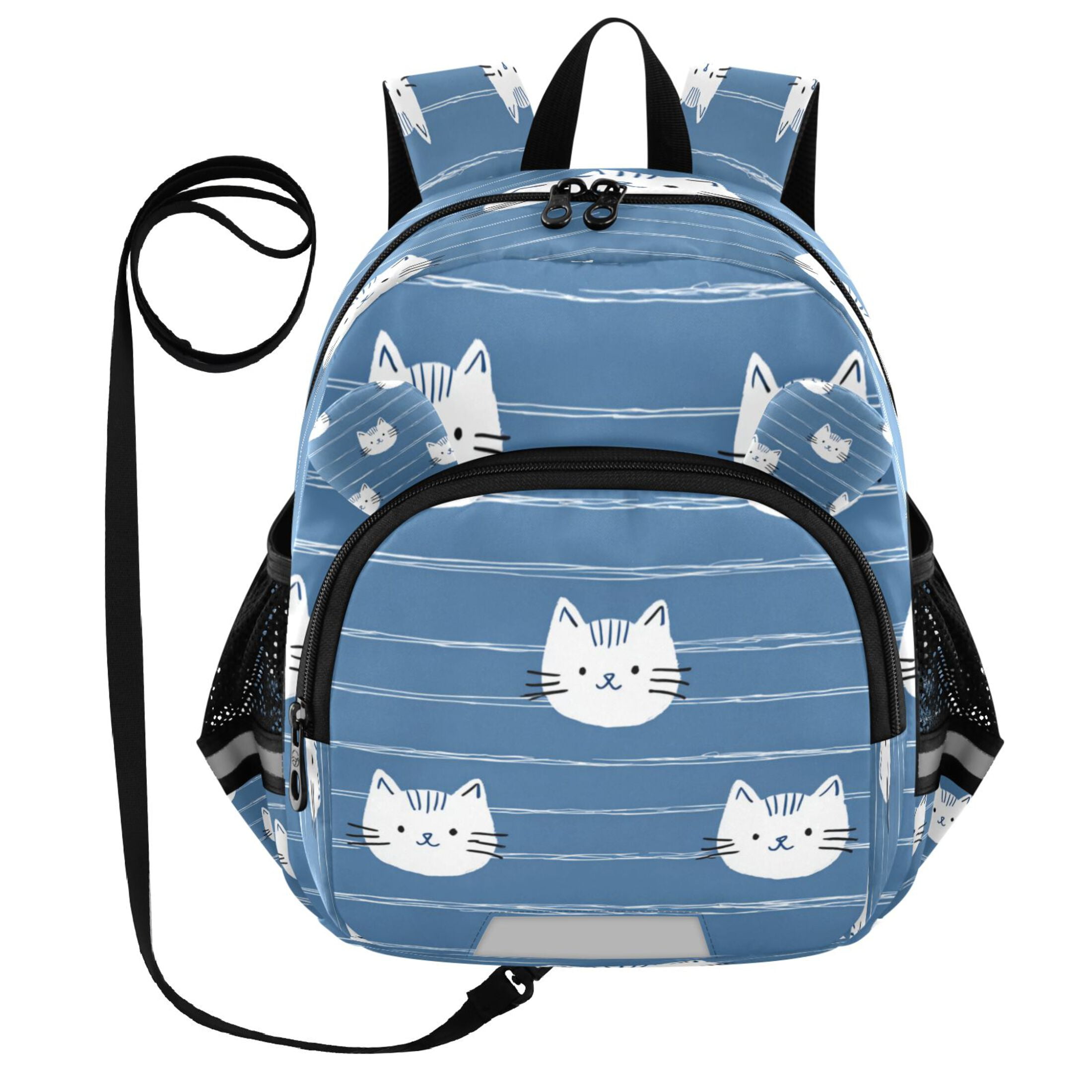 RMDQTR Adorable Ear-Print Backpack with Reflective Strip and Anti-Lost Leash Adjustable Shoulder Straps Mini Travel Backpack Cat Face Seamless Pattern