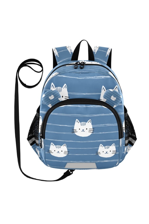 Adorable Ear-Print Backpack with Reflective Strip and Anti-Lost Leash Adjustable Shoulder Straps Mini Travel Backpack Cat Face Seamless Pattern