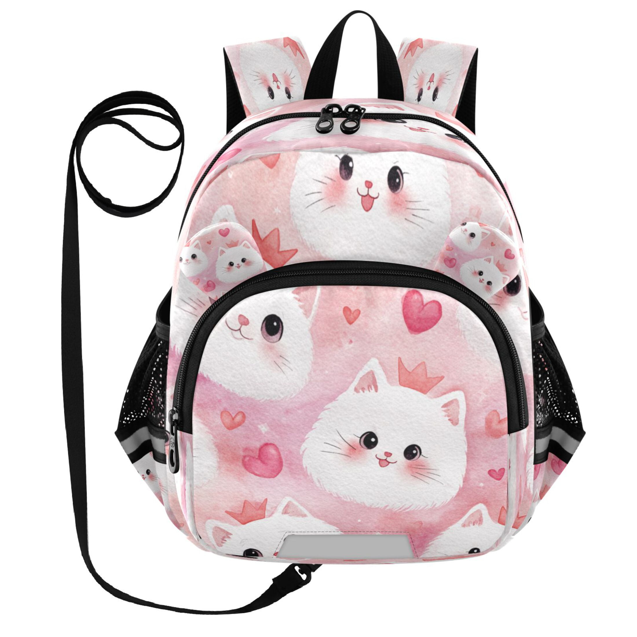 RMDQTR Adorable Ear-Print Backpack with Reflective Strip and Anti-Lost Leash Adjustable Shoulder Straps Mini Travel Backpack Cat Faces and Pink Hearts