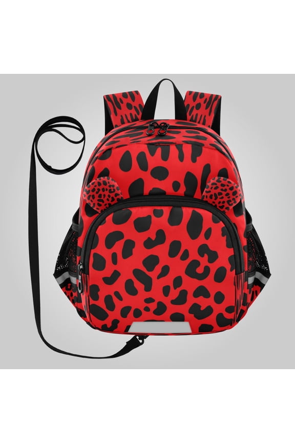 Adorable Ear-Print Backpack with Reflective Strip and Anti-Lost Leash Adjustable Shoulder Straps Mini Travel Backpack Classic Red Black Cheetah Pattern