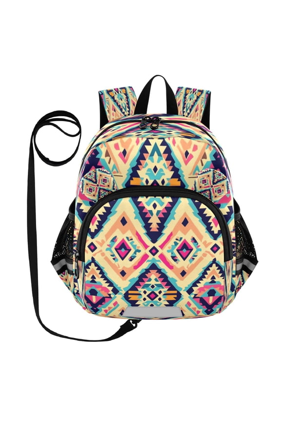 Adorable Ear-Print Backpack with Reflective Strip and Anti-Lost Leash Adjustable Shoulder Straps Mini Travel Backpack Colorful Aztec Ethnic Pattern