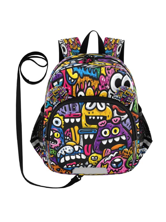 Adorable Ear-Print Backpack with Reflective Strip and Anti-Lost Leash Adjustable Shoulder Straps Mini Travel Backpack Colorful Cartoon Monsters