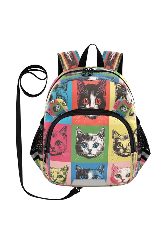 Adorable Ear-Print Backpack with Reflective Strip and Anti-Lost Leash Adjustable Shoulder Straps Mini Travel Backpack Colorful Cats Head Pattern