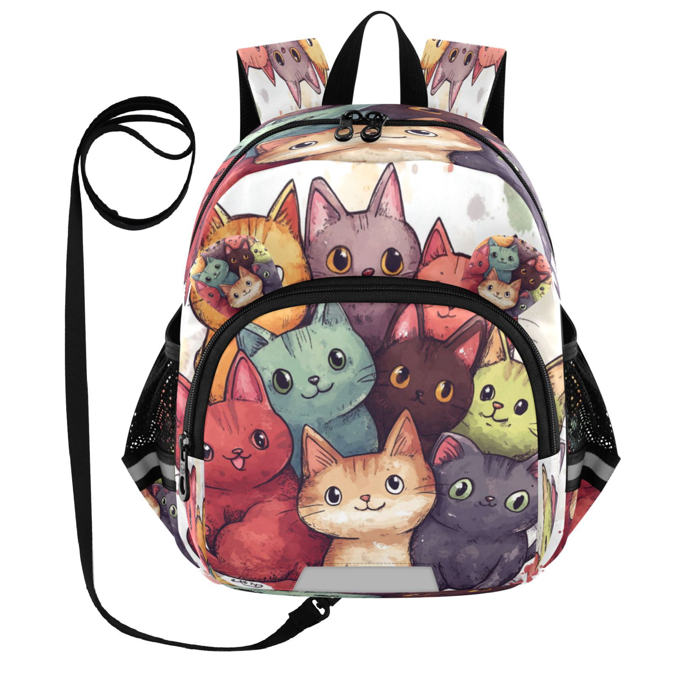 RMDQTR Adorable Ear-Print Backpack with Reflective Strip and Anti-Lost Leash Adjustable Shoulder Straps Mini Travel Backpack Colorful Comic Style Cats