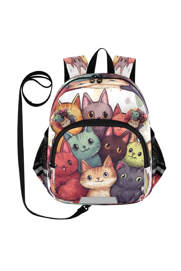 Adorable Ear-Print Backpack with Reflective Strip and Anti-Lost Leash Adjustable Shoulder Straps Mini Travel Backpack Colorful Comic Style Cats