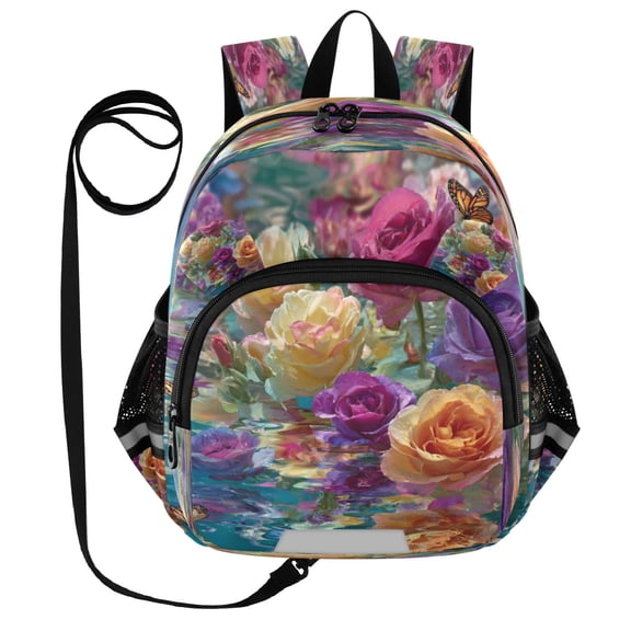 RMDQTR Adorable Ear-Print Backpack with Reflective Strip and Anti-Lost Leash Adjustable Shoulder Straps Mini Travel Backpack Colorful Roses Floating on Water