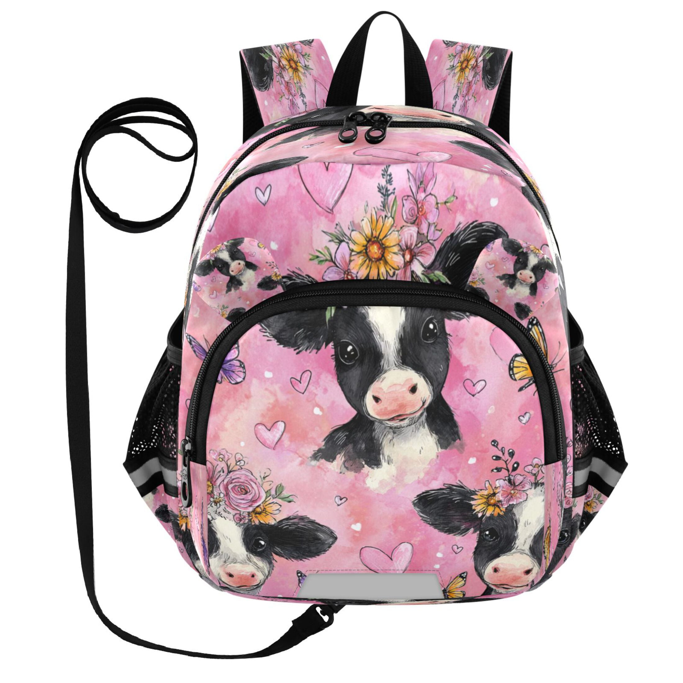 RMDQTR Adorable Ear-Print Backpack with Reflective Strip and Anti-Lost Leash Adjustable Shoulder Straps Mini Travel Backpack Cute Baby Cows with Flowers