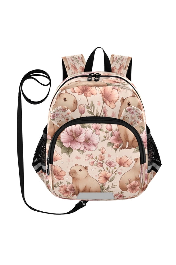 Adorable Ear-Print Backpack with Reflective Strip and Anti-Lost Leash Adjustable Shoulder Straps Mini Travel Backpack Cute Capybaras with Playful Poses