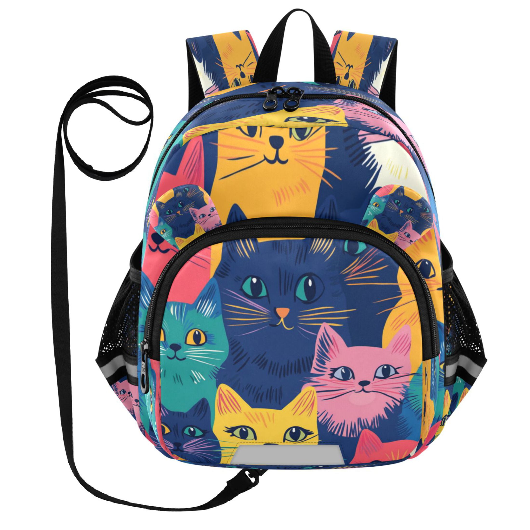 RMDQTR Adorable Ear-Print Backpack with Reflective Strip and Anti-Lost Leash Adjustable Shoulder Straps Mini Travel Backpack Cute Colorful Cats Pattern