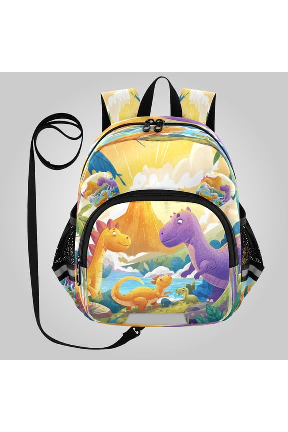Adorable Ear-Print Backpack with Reflective Strip and Anti-Lost Leash Adjustable Shoulder Straps Mini Travel Backpack Cute Dinosaur Volcano Scene