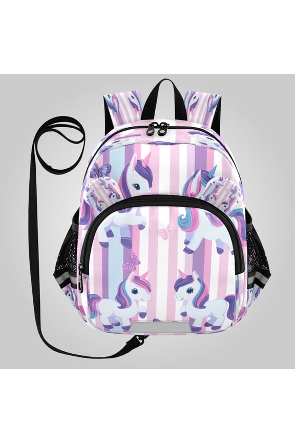Adorable Ear-Print Backpack with Reflective Strip and Anti-Lost Leash Adjustable Shoulder Straps Mini Travel Backpack Cute Pastel Unicorn Stripe