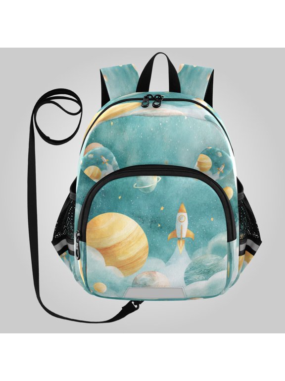 Adorable Ear-Print Backpack with Reflective Strip and Anti-Lost Leash Adjustable Shoulder Straps Mini Travel Backpack Cute Rocket Space Planets Print